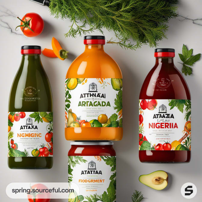 Bottles of vegetable juices with colorful labels surrounded by fresh produce.