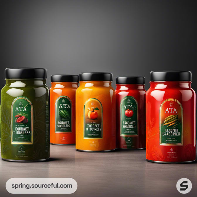 Row of jars with green, orange, and red vegetable-themed labels on dark background.