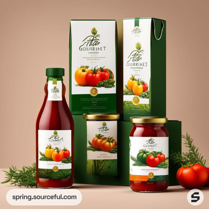 Assorted tomato sauce packaging with green and red labels in an elegant display.