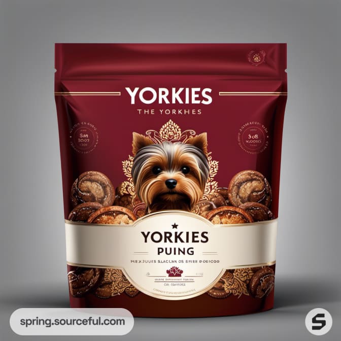 Red stand-up pouch featuring a Yorkshire Terrier and baked treats, labeled 'YORKIES PUING'.