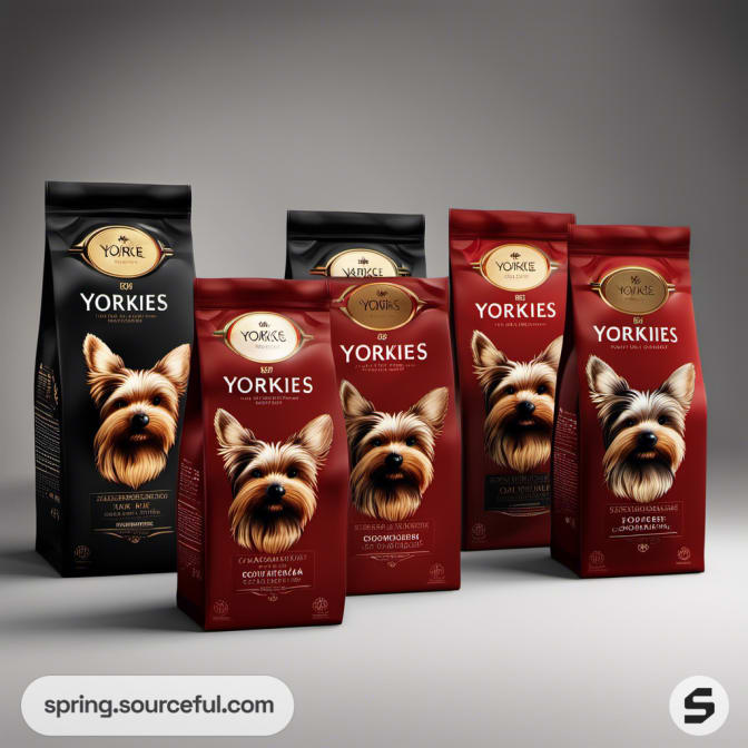 Assorted dog food bags in red and black with Yorkshire Terrier image, labeled 'YORKIES'.