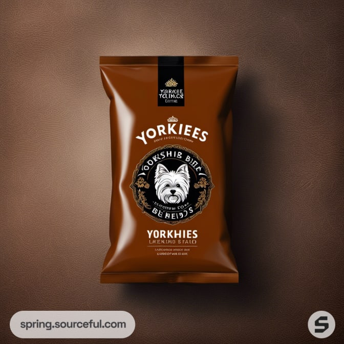 Brown resealable pouch with Yorkshire Terrier illustration, labeled 'YORKIES'.