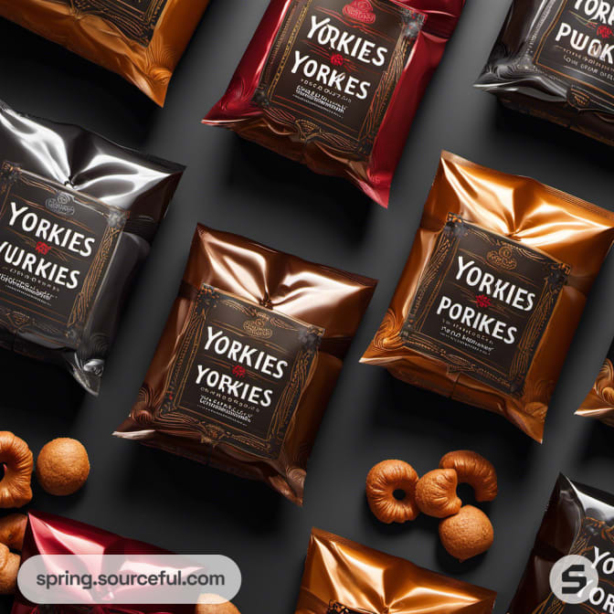 Assorted metallic snack bags with pastries, labeled variations of 'YORKIES'.