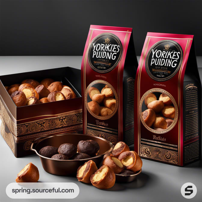 Boxes and bags of baked treats, titled 'YORKIES PUDDING', arranged on a table.