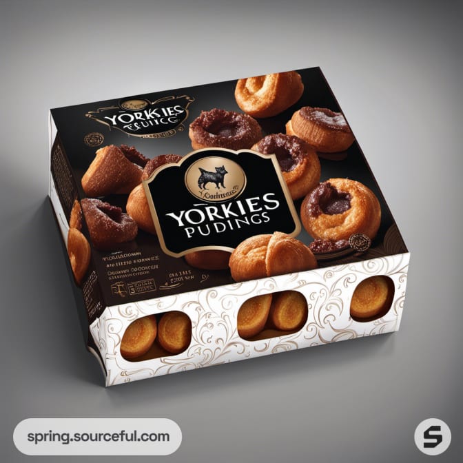 Box of muffins labeled 'YORKIES PUDINGS', featuring images of baked goods.