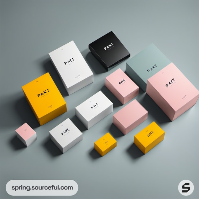 Assorted colorful mailer boxes with 'PAKT' branding on a grey background.