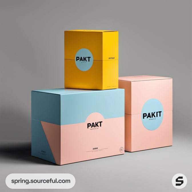 Three stacked mailer boxes in yellow, blue, and pink with 'PAKT' branding.