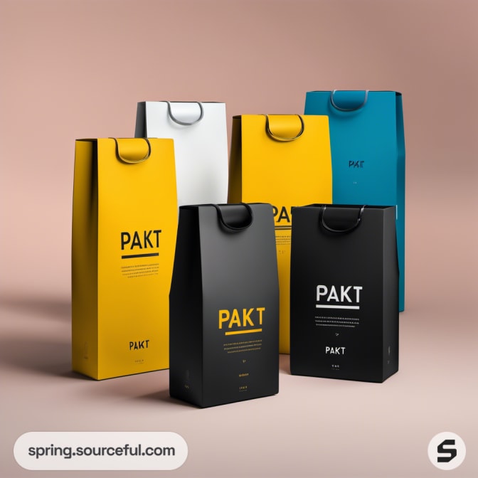 Six colorful standing packages with 'PAKT' branding on a neutral backdrop.