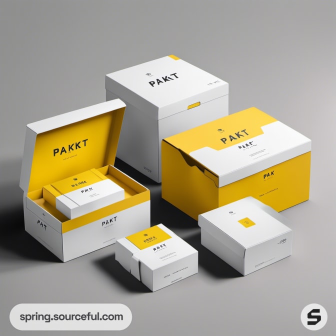 Various white and yellow mailer boxes with 'PAKT' branding.
