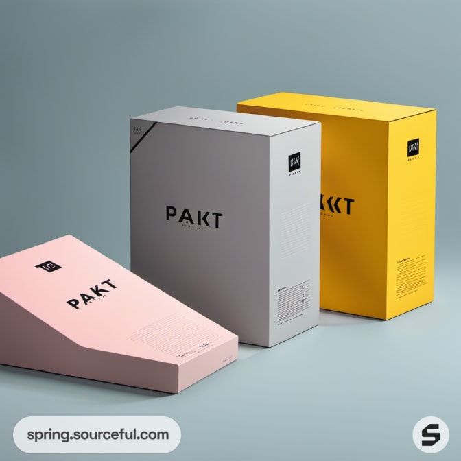Three diverse shape packages in pink, grey, and yellow with 'PAKT' branding.