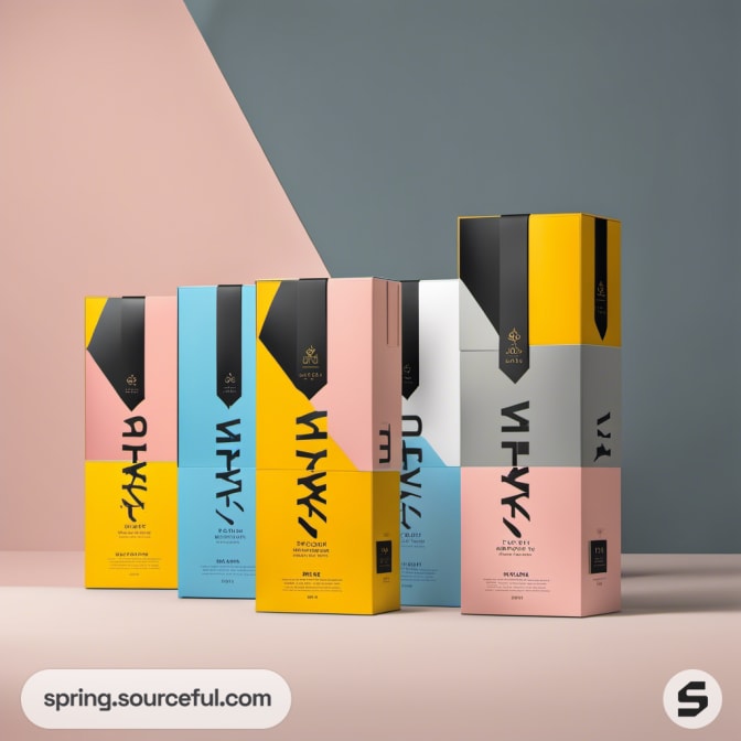 Tall, slim boxes in pastel and black with 'PAKT' branding and designs.