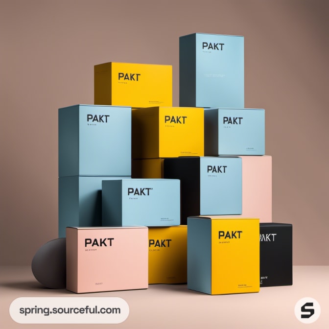 Multiple stacked colorful boxes with 'PAKT' branding on a brown backdrop.