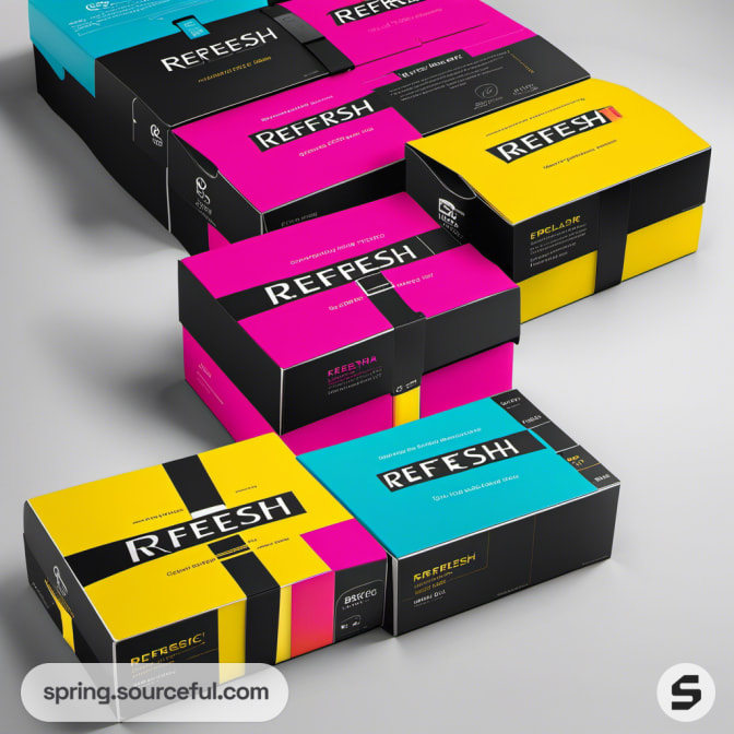Colorful mailer boxes in pink, yellow, and teal, arranged in a stacked display.