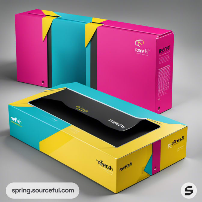 Pink, teal, and yellow packages with a horizontal opening mechanism.