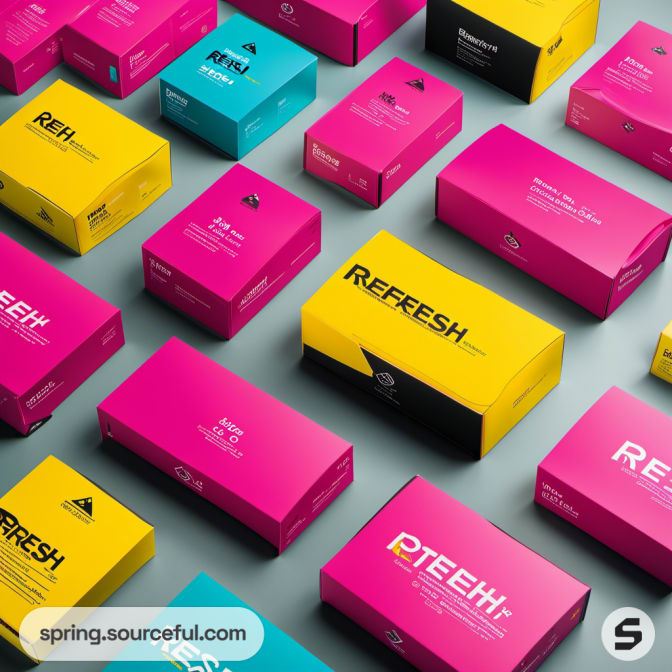 Assorted pink, teal, and yellow boxes with various sizes on display.