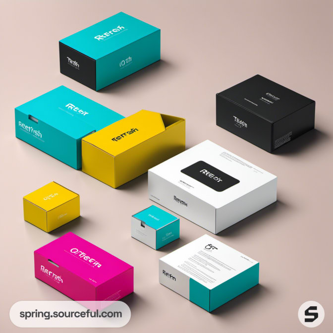 Diverse colored boxes including teal, pink, yellow, and black, scattered on a soft background.