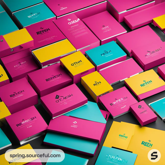 Stack of vibrant pink, teal, and yellow boxes, laid out flat.