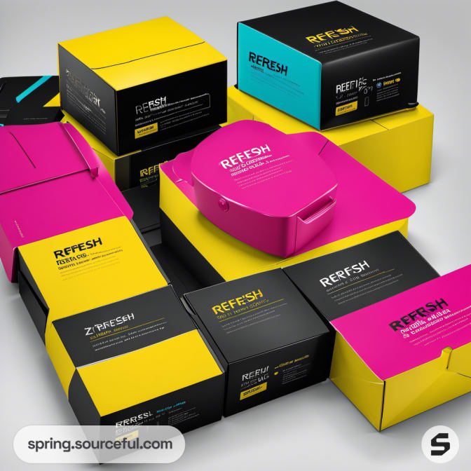 Pink, black, and yellow boxes with bold typography, displayed together.