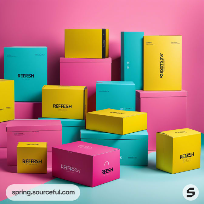 Assorted pink, teal, and yellow boxes stacked neatly against a pastel backdrop.