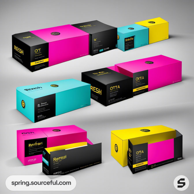 Colorful mailer boxes in pink, teal, and pink solid color designs.