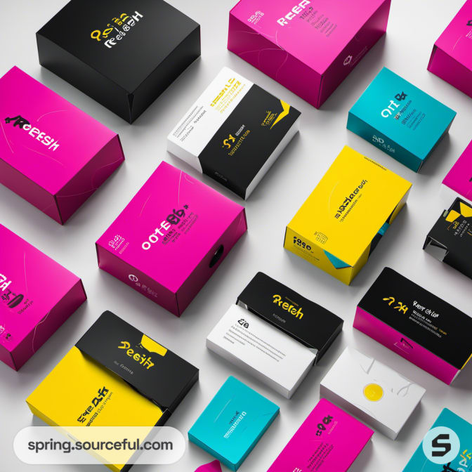 Vibrant pink, yellow, and teal boxes arranged in an organized layout.