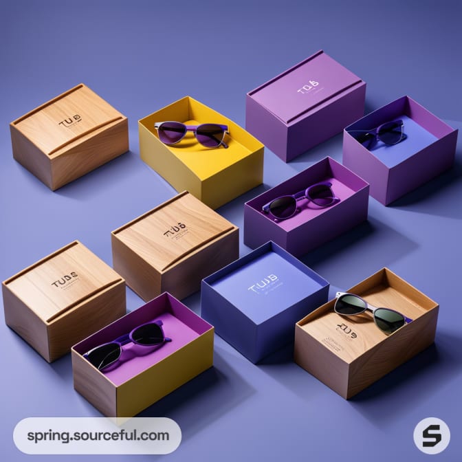 Assorted sunglasses in colorful boxes on purple background.