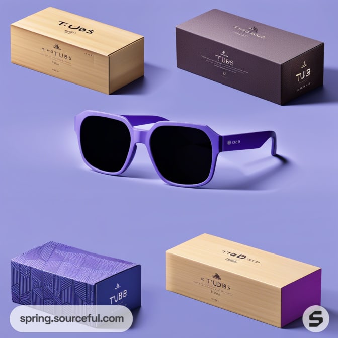 Purple sunglasses with black lenses surrounded by elegant rectangular boxes in various textures and shades.