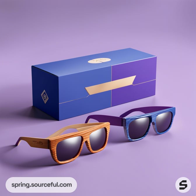 Two pairs of sunglasses with wood-textured frames, one orange and one blue, next to a blue and purple box on a purple background.