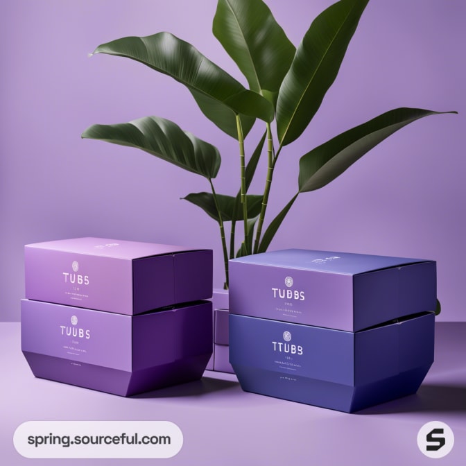 Stacked purple and blue rectangular boxes with plant in background, on a purple surface.