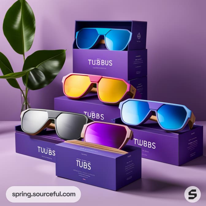 Boxed sunglasses in vibrant colors displayed on purple background.