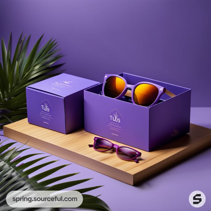 Purple sunglasses in an open purple box with a closed box beside, set on a wooden surface against a purple backdrop.