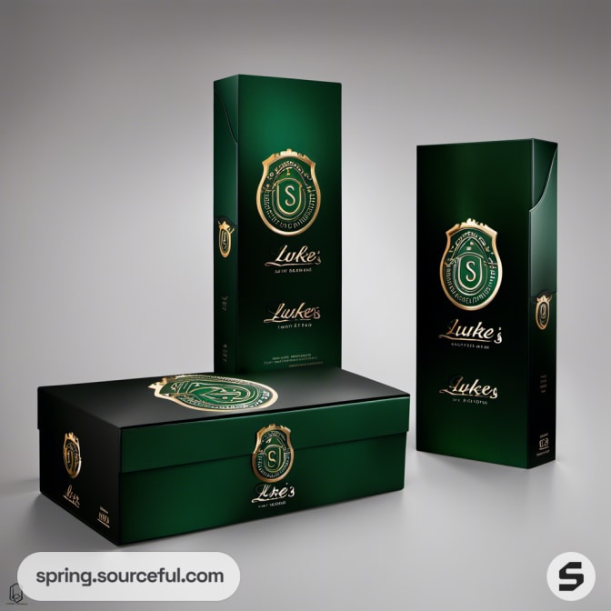 Elegant dark green and black packaging boxes with gold accents and emblem design.