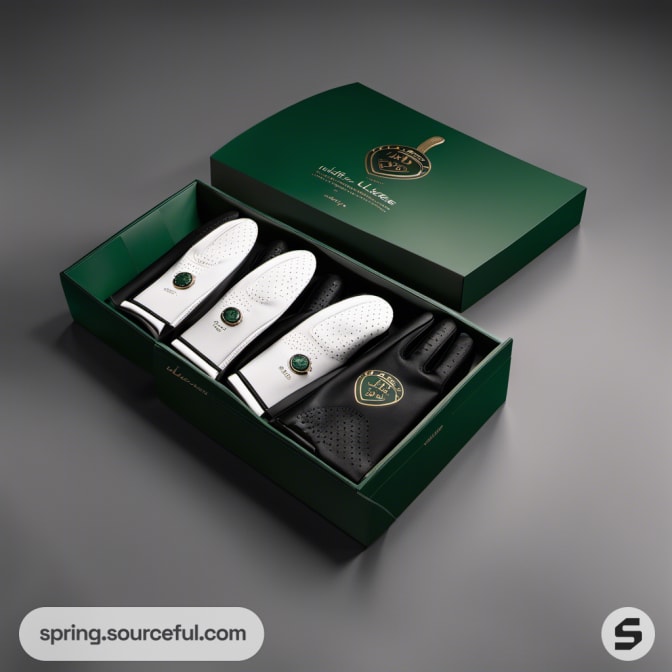 Green box with white and black gloves displayed inside.