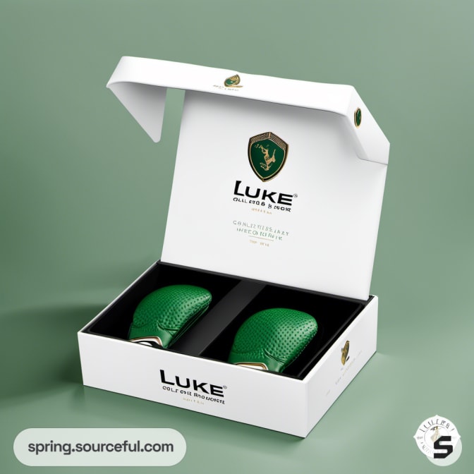 Golf glove set in a white box with green interior and gold emblem on lid.