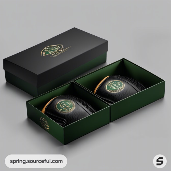 Black gift box with two black luxury items in green-lined compartments.