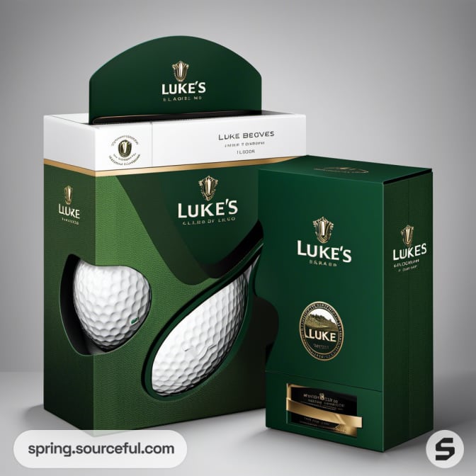 Green and white golf-themed packaging with golf ball design and personalized details.