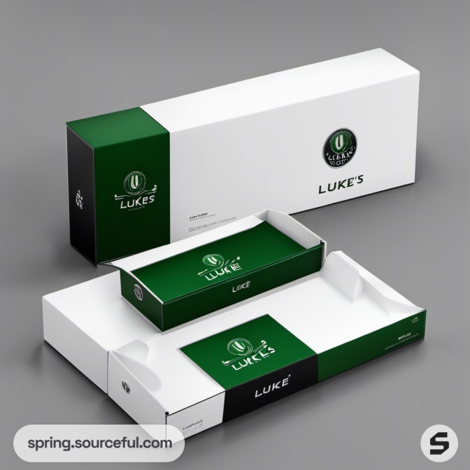 White and green sleeve boxes with text, featuring pull-out drawers and circular logo designs on a grey background.