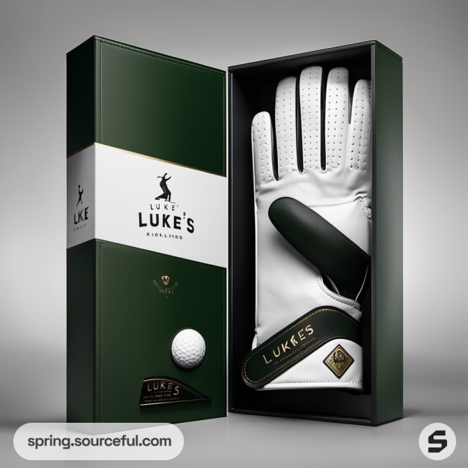 Elegant golf gift set with dark green box, white glove, and golf ball.