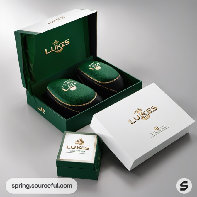 Green shoe box with gold trim and logo, containing two green shoe covers and a smaller white box.