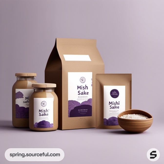 Brown paper box and jars with purple label designs.