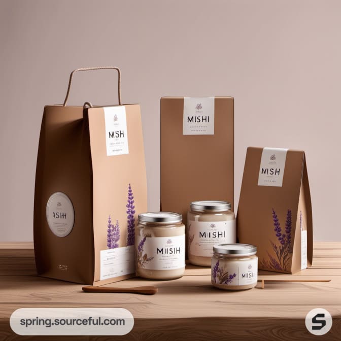 Brown paper packaging with jars featuring floral designs.