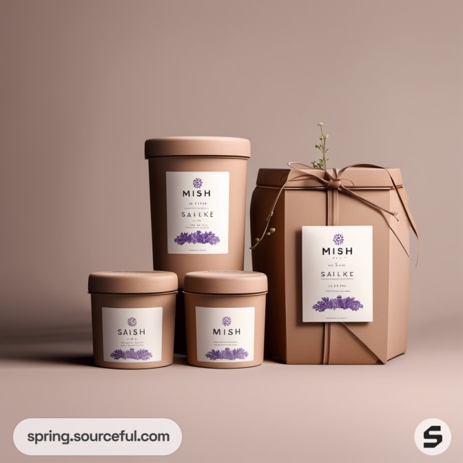 Set of brown cylindrical containers with floral labels.
