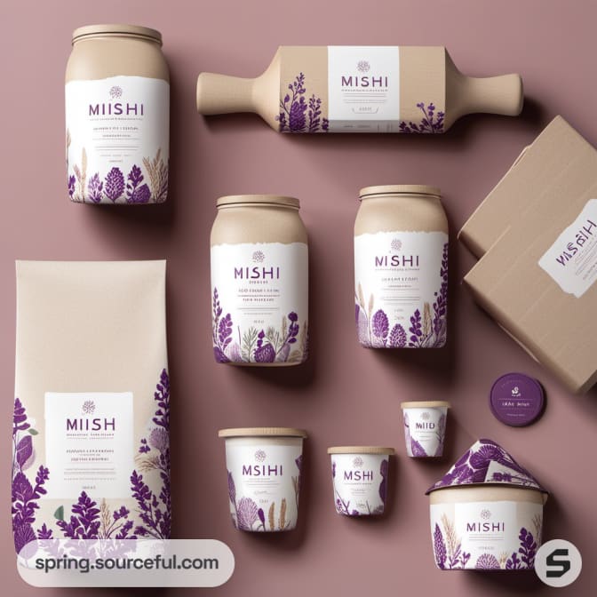 Assorted bottles and packets with purple floral designs.