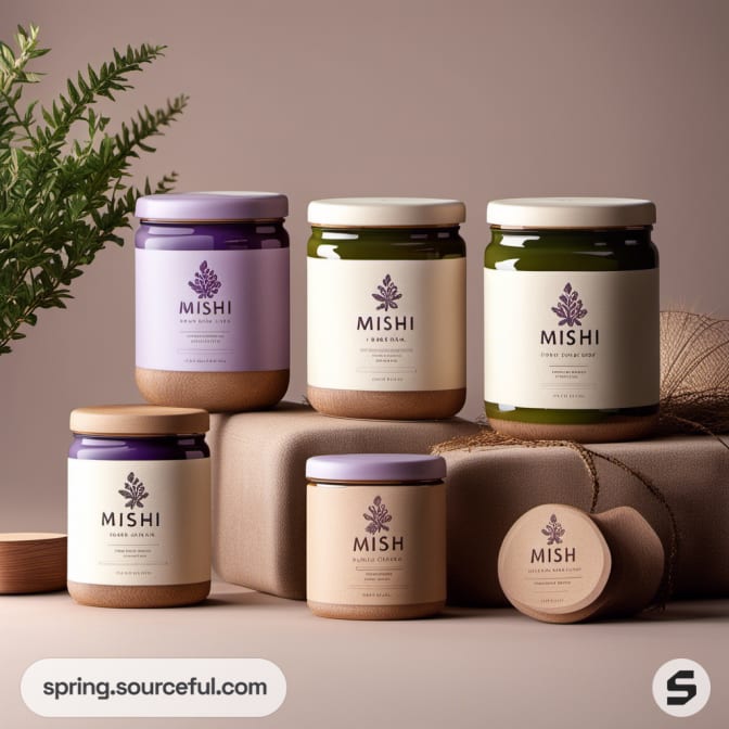 Various sizes of glass jars with floral labels and greenery.
