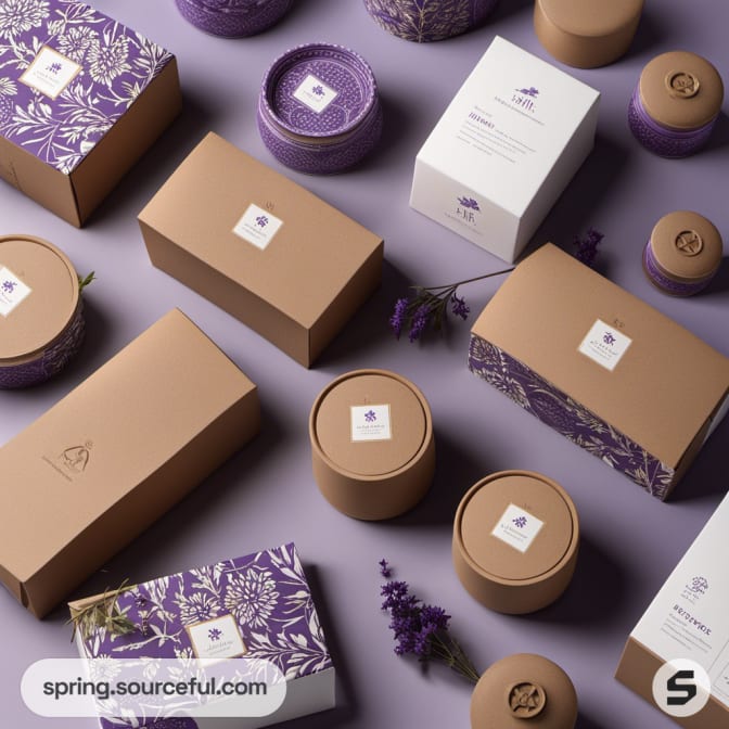 Brown and purple patterned boxes and cylindrical containers.