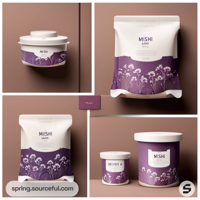 White and purple floral packaging with sachets.