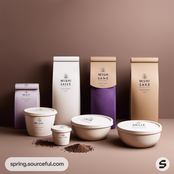 Assortment of paper bags and containers with simple designs.