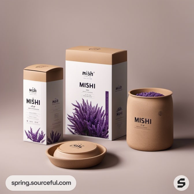 Brown box and container with purple floral design labels.