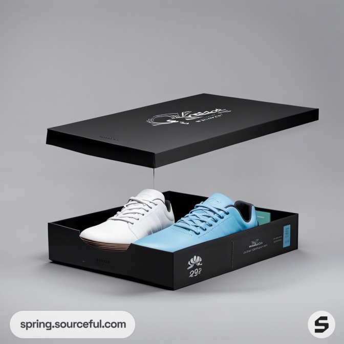 Black shoe box with white and blue sneakers inside on grey background.