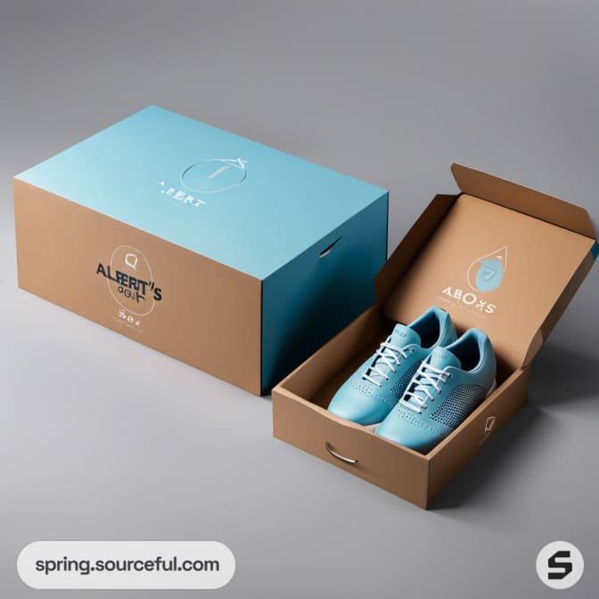 Blue and brown shoe box with blue trainers partially visible.